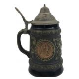 German Stoneware Lidded Beer Stein with Medallions