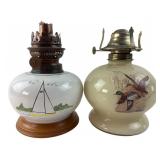 Pr. Hand-Painted Ceramic and Glass Oil Lamps