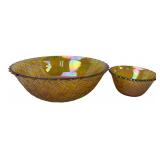 Two Marigold Carnival Glass Basketweave Bowls