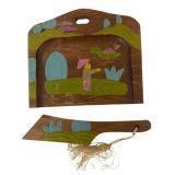 Vintage Hand-Painted Japanese Wooden Crumb Tray Se