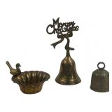 Brass Christmas Bell and Decorative Dish Lot