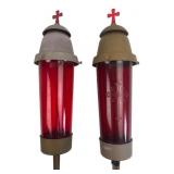 Pair of Red Glass Cemetery Grave Marker Lanterns