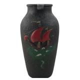 Hand-Painted Black Glass Vase with Ship Motif
