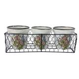 Japan Ceramic Floral Planter Set with Wire Basket