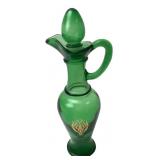 Avon Green Glass Decanter, Gold Floral Motif, 9"