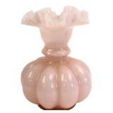 Pink Glass Melon Ribbed Ruffled Vase