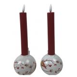 Pair Cardinal Ceramic Candle Holders & LED Tapers