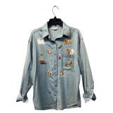 Tia Designs Embroidered Dog Denim Shirt Large