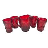 Ruby Red Coin Pattern Glass Pitcher & Glasses Set