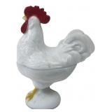 Painted Milk Glass Rooster Covered Dish