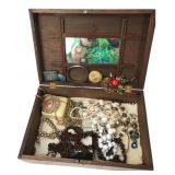 Wooden Jewelry Box & Mixed Costume Jewelry