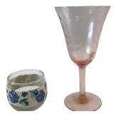Pink Optic Glass Goblet & Floral Votive Holder