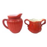 Red Over White Glass Creamer & Sugar Set