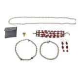 Costume Jewelry Lot Faux Pearls Red Cabochons