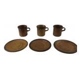 Set of 3 Brown Glazed Ceramic Mugs & Saucers