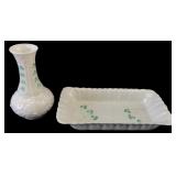 Belleek Shamrock Basketweave Vase & Dish