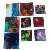 Set of 9 Abstract Painted Ceramic Tiles