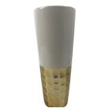 White & Gold Hammered Ceramic Cylinder Vase 10 in