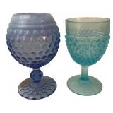 Two Blue Hobnail Glass Goblets
