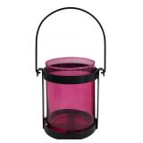 Pink Glass & Black Metal Lantern Candle Holder