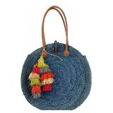 Woven Blue Round Straw Tote Bag with Tassel