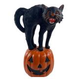 Molded Plastic Black Cat on Pumpkin Figure