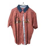 Embroidered Cat Red Gingham Button-Down Shirt