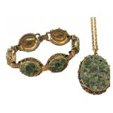 Vintage Gold-Tone Crushed Green Stone Jewelry Set