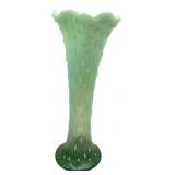 Green Opalescent Art Glass Ruffled Vase 10"H