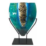 Abstract Fused Art Glass Sculpture Vase On Stand