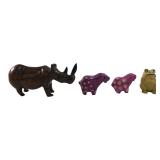 Carved Wood Rhino & Stone Animal Figurines Lot