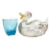 VTG Jeannette Glass Duck Dish & Blue Tumbler