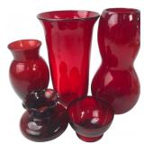 Five Ruby Red Glass Vases and Bowl