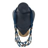 Multi-Strand Blue Wood & Silver-Tone Bead Necklace