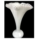 Milk Glass Trumpet Vase with Clear Ruffled Crest