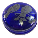 Cobalt Blue Glass Trinket Box Silver Birds