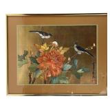 Asian Bird & Peony Artwork Framed 16.5x20.5'