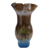 Art Glass Ruffled Vase Blue Crackle Base 11.5' H