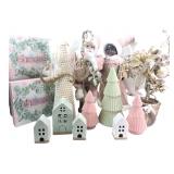 Pastel Holiday Decor Lot Santas Light-Up Trees