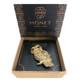 Monet Gold-Tone Rhinestone Owl Brooch