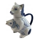 Blue & White Ceramic Cat & Fish Teapot