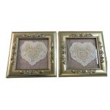 Pair of Gold-Tone Framed Lace Hearts 7 in