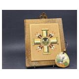 Vintage Navajo Sand Art & Bone Pendant Sun Symbol