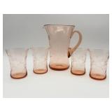 Peach Etched Glass Pitcher and Four Tumblers