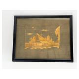 Vintage Framed Straw Marquetry Village Scene