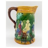 Majolica Relief Scene Pottery Pitcher-10542