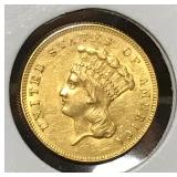 1855 Gold US $3 Indian Princess Head Coin MS60+
