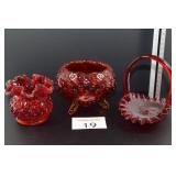 Fenton Red Hobnail Basket, Vase & Dish