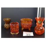 (4) Fenton Small Orange Vases & Kettle