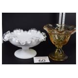 Vintage Fenton Glass White Crest Ruffled Bowl